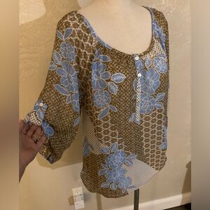 Investments Floral Brown and Blue Women's Top sz L